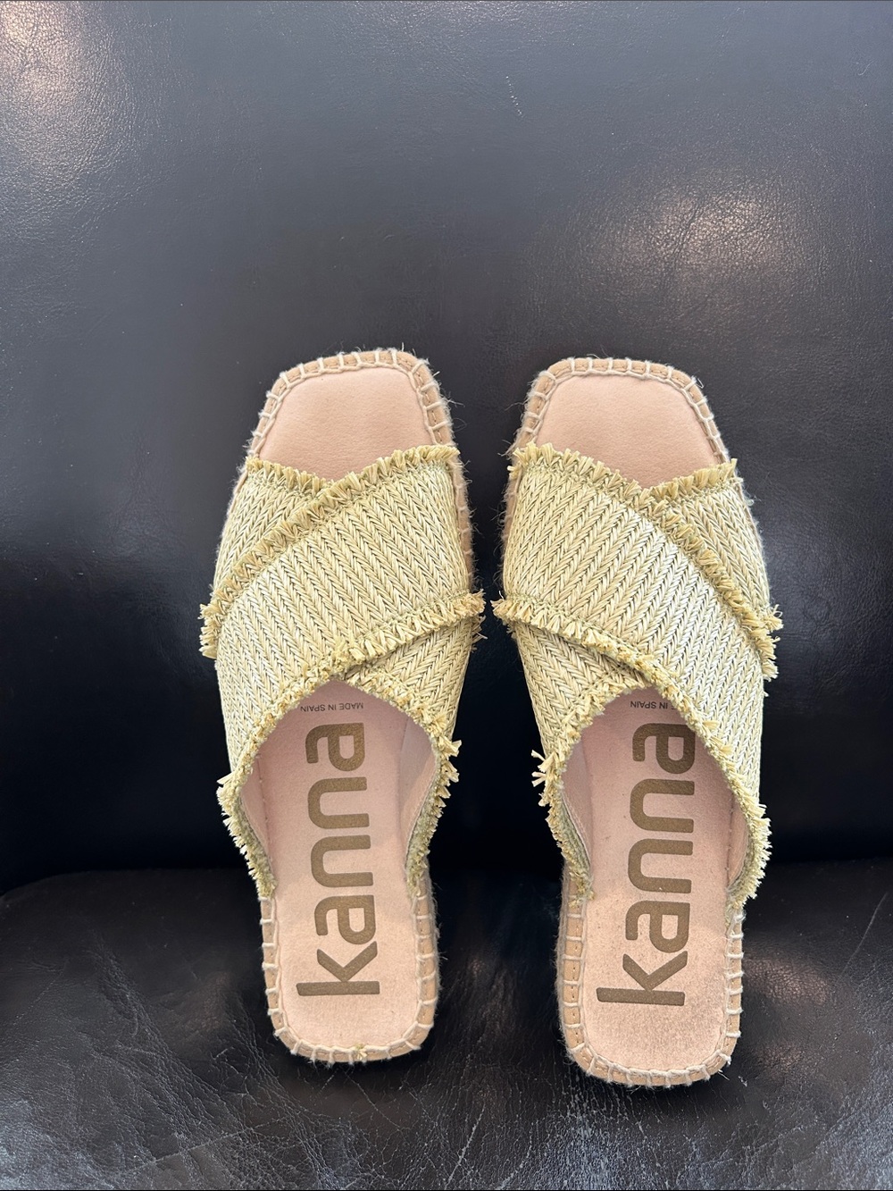 kanna Pale Green Woven Cross‑Strap Slide Mules